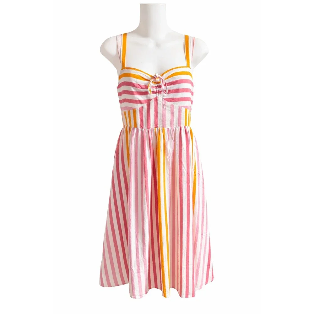 Steve Madden Deyvani Dress Multi Stripe Midi Sun Dress Size 4 Pink Orange Yellow - Picture 3 of 10